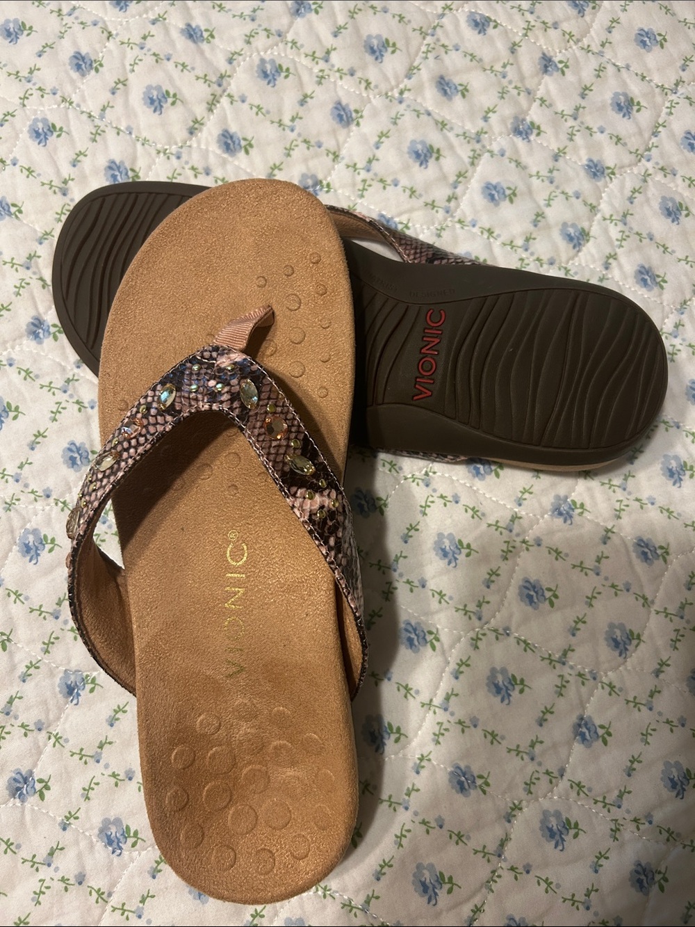 Vionic Women’s Brown Snake-Print Jeweled Thong Sandals